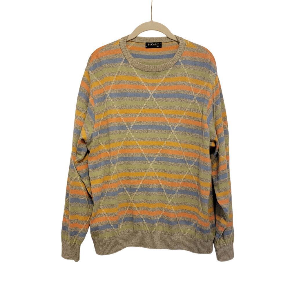 St. Croix Argyle Striped Crewneck Sweater Gray Size M